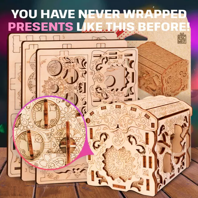Images and photos of Wooden Secret TREASURE BOX, 3D PUZZLE KIT FOR SELF-ASSEMBLY. ESC WELT.